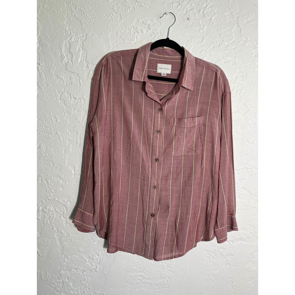 American Eagle Women Medium Striped Button Down Shirt Dusty Rose Long Slv